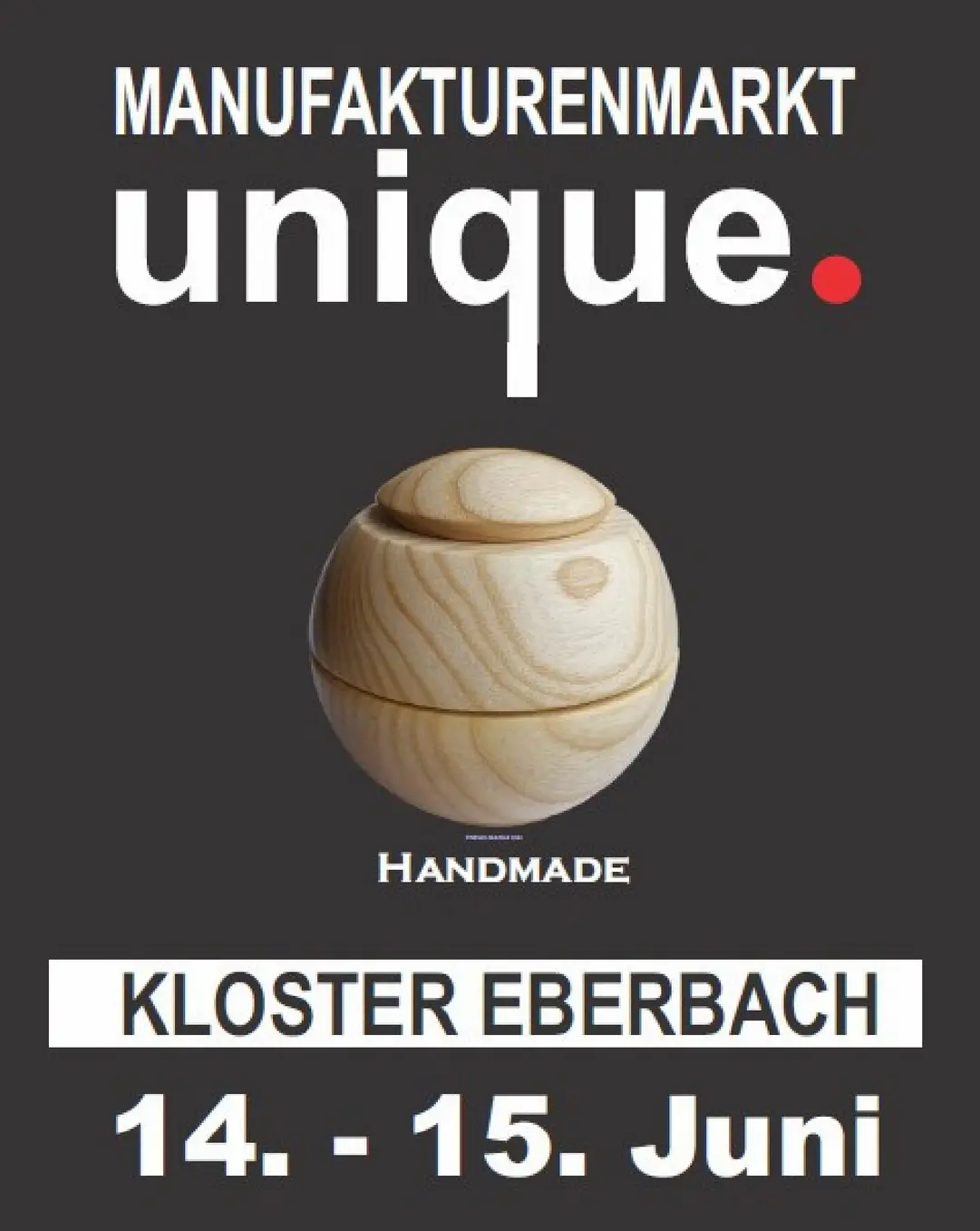 Plakat für den Manufakturenmarkt unique mit einem Holzobjekt und Veranstaltungsdetails.