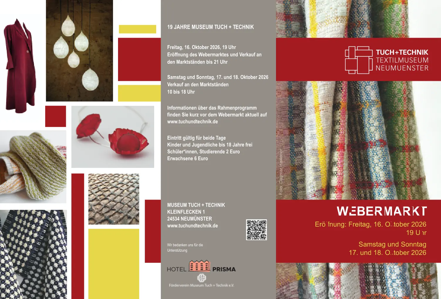 Der Flyer kündigt den Webermarkt am 16. Oktober 2026 im Museum Tuch + Technik in Neumünster an; gezeigt werden gewebte Stoffe und Textilien.